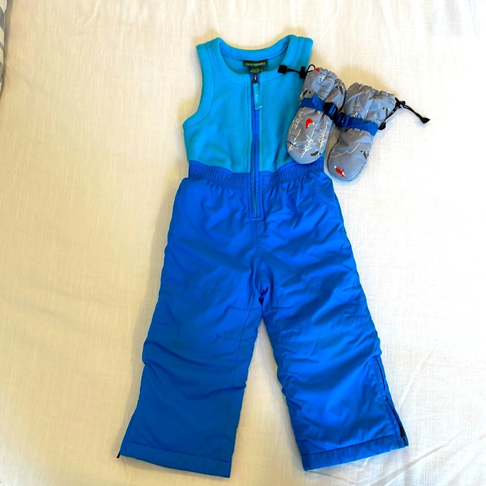 LL Bean bib snowpants, size 2T (and gloves)